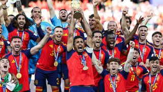 TOPSHOT - Spain's midfielder #16 Rodri lifts the trophy with his teammates after winning the 2026 World Cup football tournament final match between Spain and Argentina at the New York/New Jersey Stadium in East Rutherford on July 19, 2026.  (Photo by FRANCK FIFE / AFP via Getty Images)