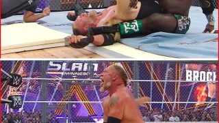 Oba Femi celebrates after defeating Brock Lesnar in the Hell in a Cell match at WWE SummerSlam 2026.