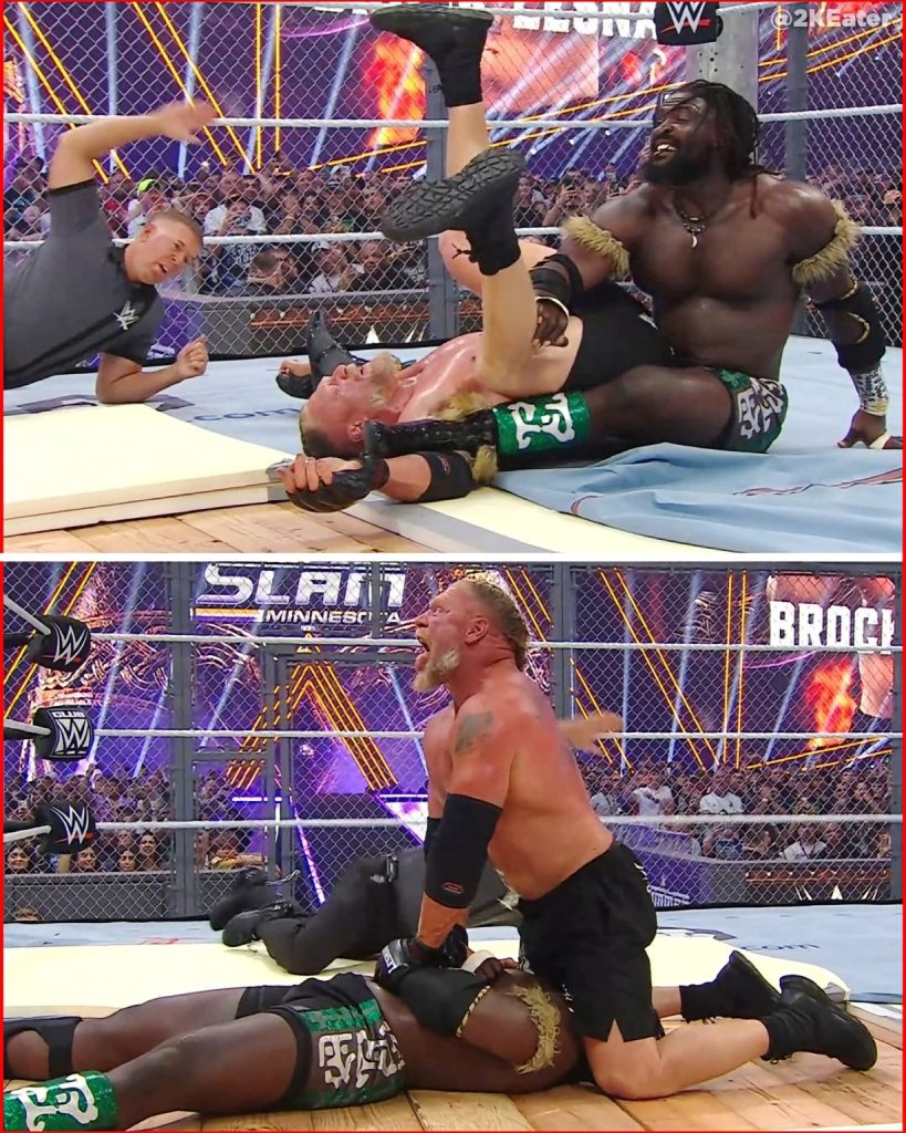 Oba Femi celebrates after defeating Brock Lesnar in the Hell in a Cell match at WWE SummerSlam 2026.