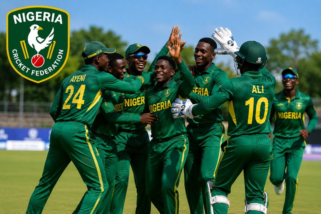 Nigerian U-19 cricketers in green and yellow kits celebrating on a cricket field with the Nigeria Cricket Federation logo.