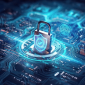 Cybersecurity lock symbol displayed on a digital circuit board, representing data protection and online security.