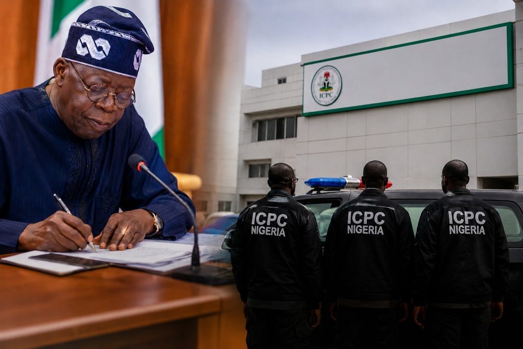 President Bola Tinubu alongside ICPC imagery illustrating the investigation into an alleged fake federal agency in Nigeria.