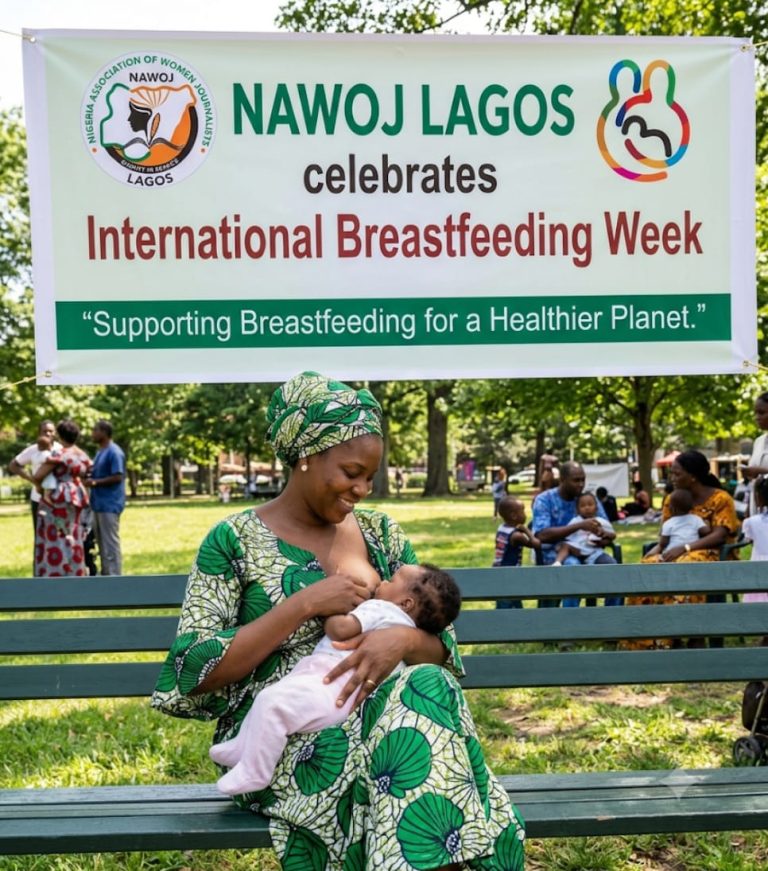 A mother breastfeeding her baby on a park bench during a NAWOJ Lagos International Breastfeeding Week awareness event.