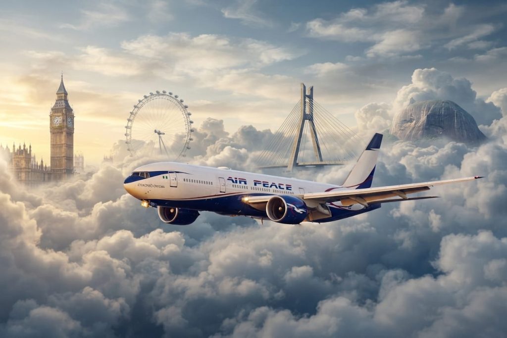 Air Peace aircraft flying above clouds with London landmarks, including Big Ben and the London Eye, in the background.