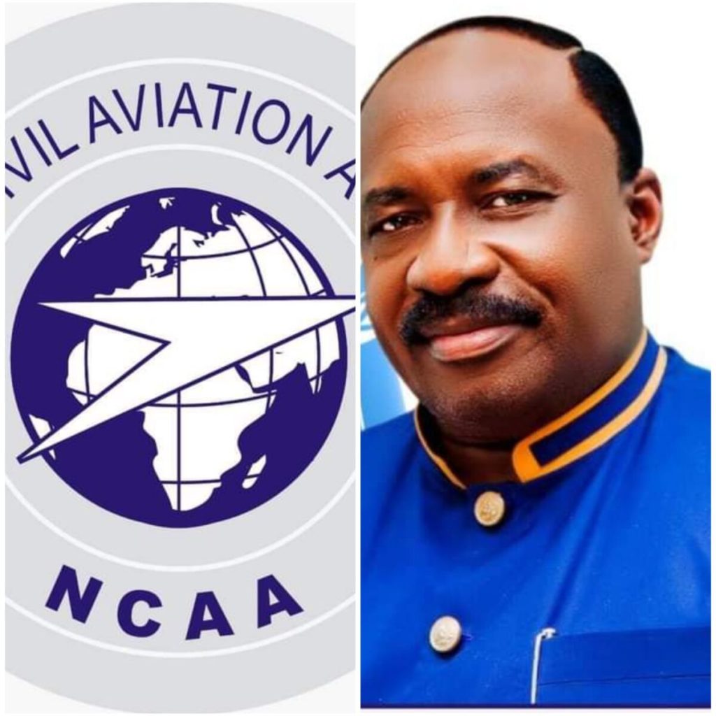 Split image showing the Nigeria Civil Aviation Authority (NCAA) logo on the left and a portrait of Air Peace Chairman Allen Onyema on the right, wearing a blue suit with gold trim. The composite image illustrates a news story about the ongoing dispute between Nigerian airlines and the aviation regulator.