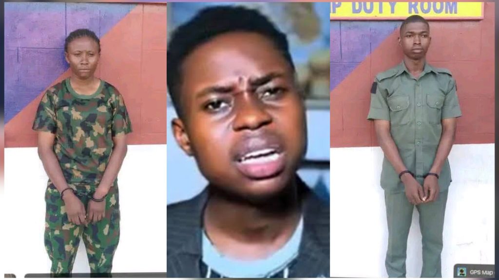 Three-panel collage showing a female Nigerian Army soldier in camouflage uniform with handcuffs (left), content creator Peller looking distressed (center), and a male Nigerian Army soldier in green service uniform with handcuffs (right).