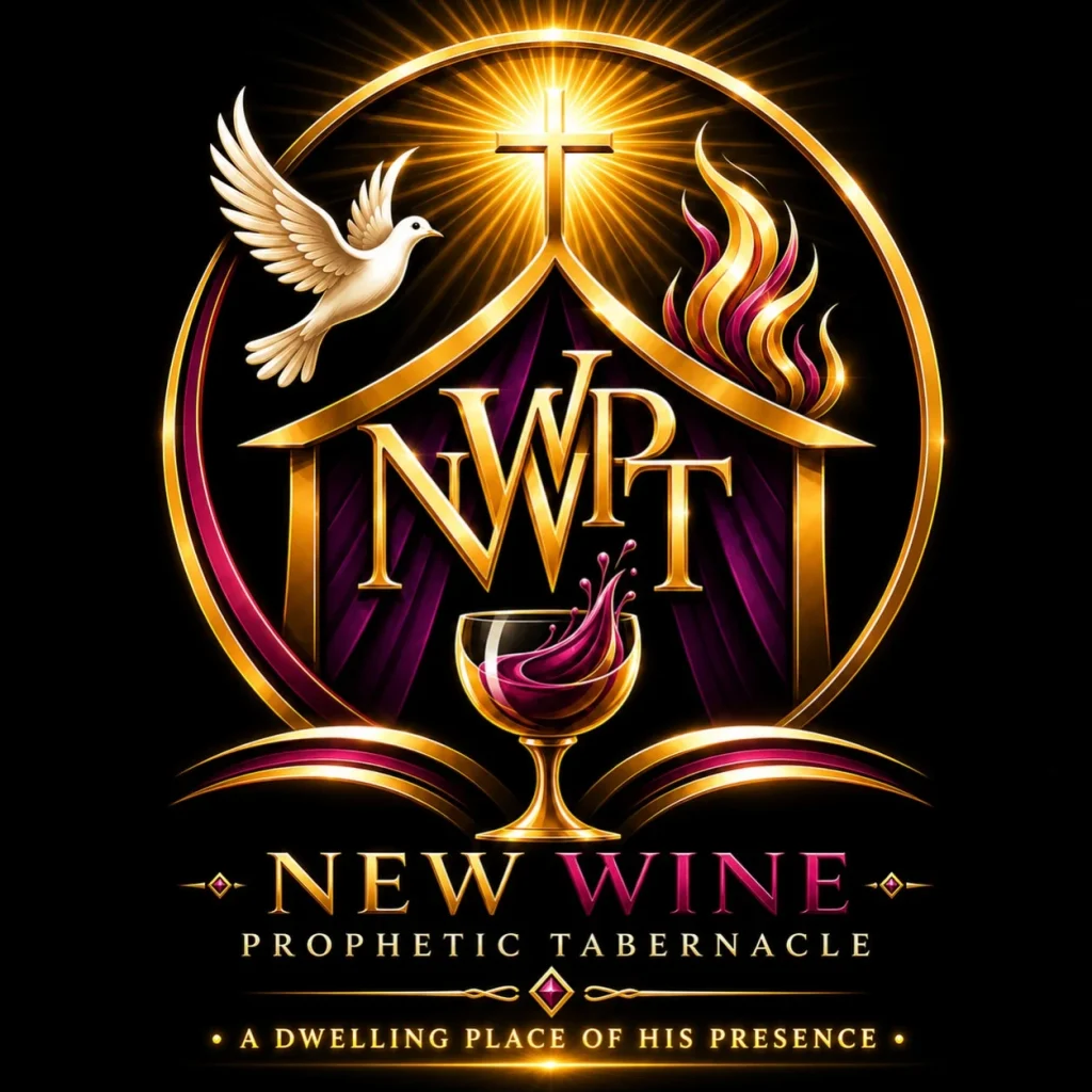 New Wine Prophetic Tabernacle (NWPT) logo featuring a cross, dove, flames, chalice and gold lettering on a black background.