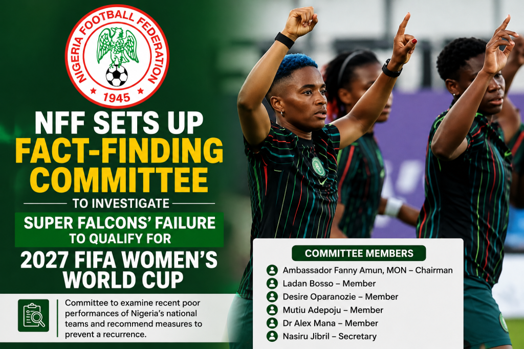 NFF fact-finding committee graphic on Super Falcons’ failure to qualify for the 2027 FIFA Women’s World Cup.