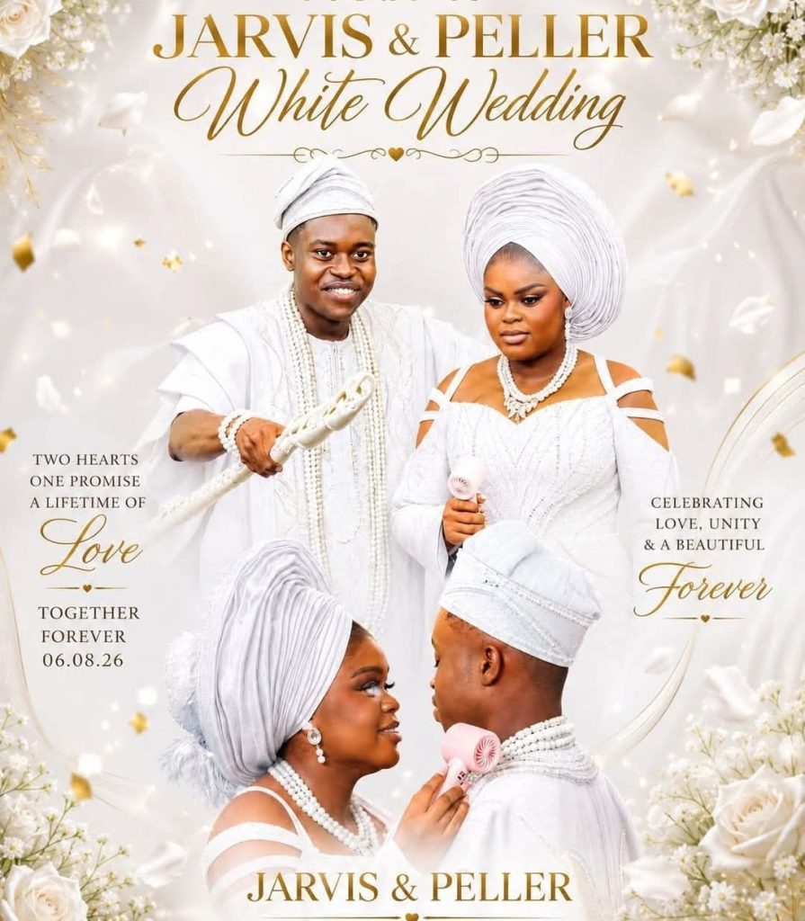 Jarvis and Peller pose in elegant white traditional wedding attire in a romantic wedding portrait.
