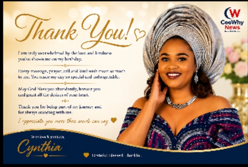 Cynthia Okere birthday appreciation card expressing gratitude for prayers, wishes and messages.