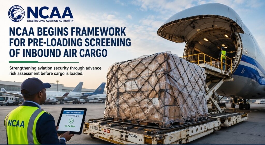 NCAA official overseeing pre-loading screening and risk assessment of inbound air cargo at an airport cargo terminal.
