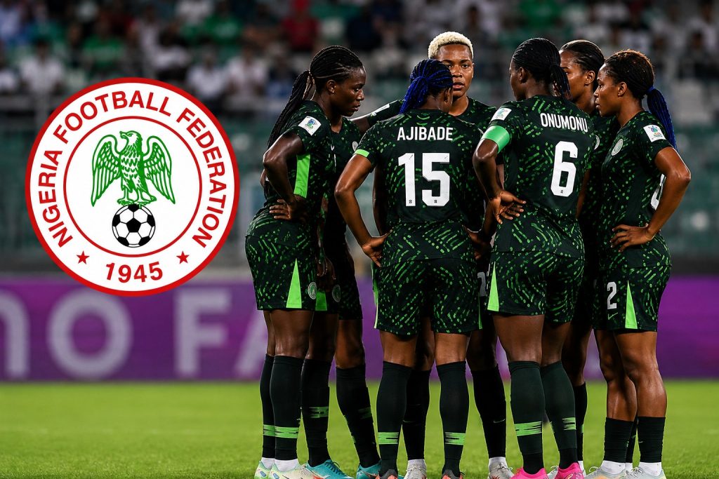 Super Falcons players in a team huddle alongside the Nigeria Football Federation (NFF) logo.