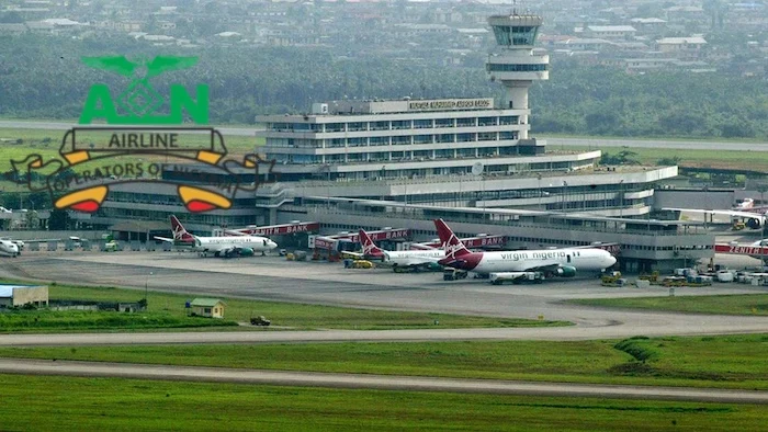 Airline Operators of Nigeria logo over Lagos airport terminal with Virgin Nigeria aircraft on the tarmac.