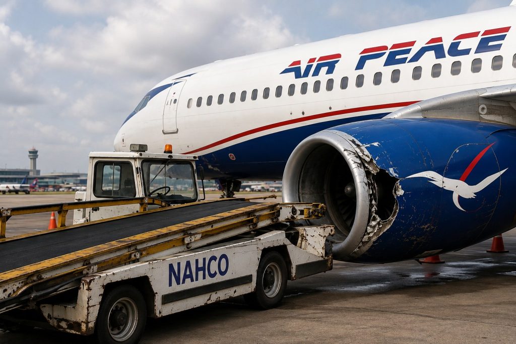 Air Peace aircraft with a damaged engine beside ground-handling equipment on an airport apron.