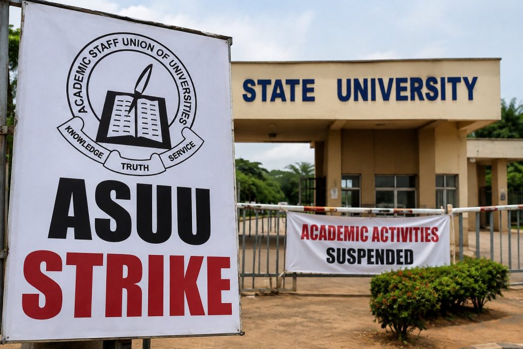 ASUU strike sign displayed at the entrance of a Nigerian state university amid ongoing industrial disputes.