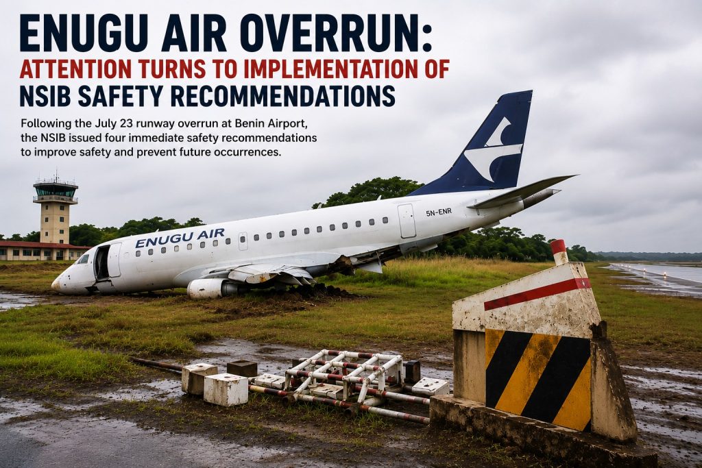 Enugu Air aircraft pictured off the runway in an illustrative image highlighting NSIB safety recommendations following the Benin Airport overrun.