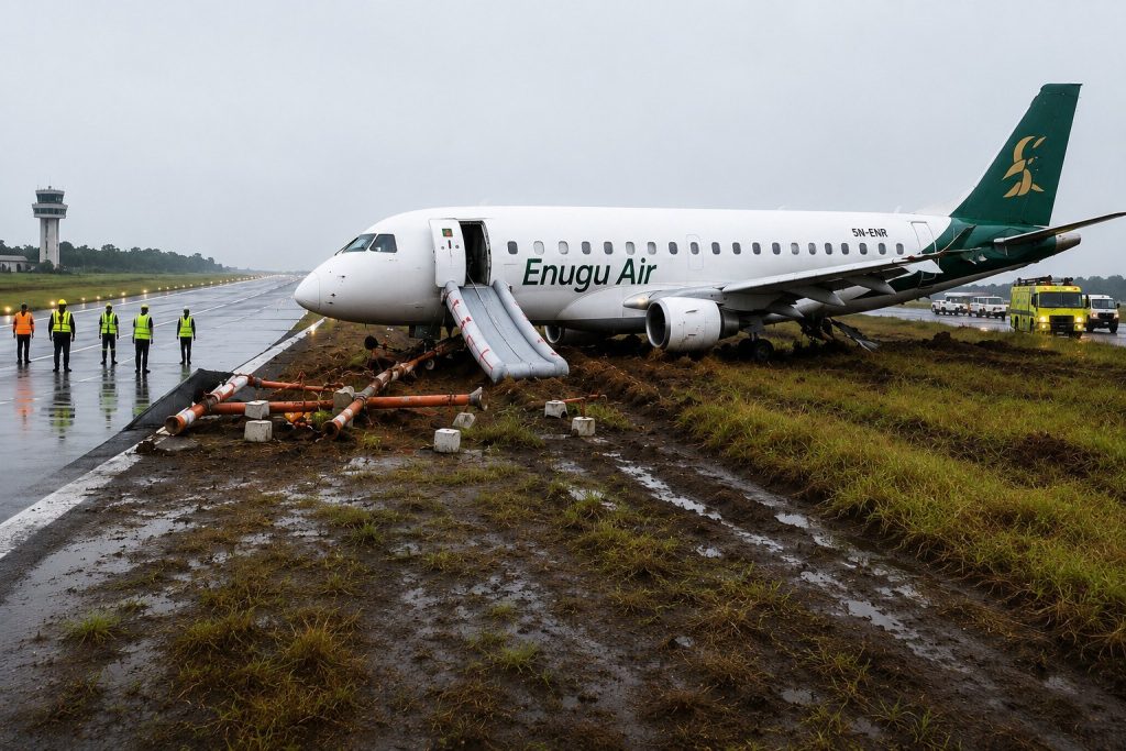 Enugu Air aircraft pictured off a wet runway following a runway overrun, with airport emergency personnel at the scene.