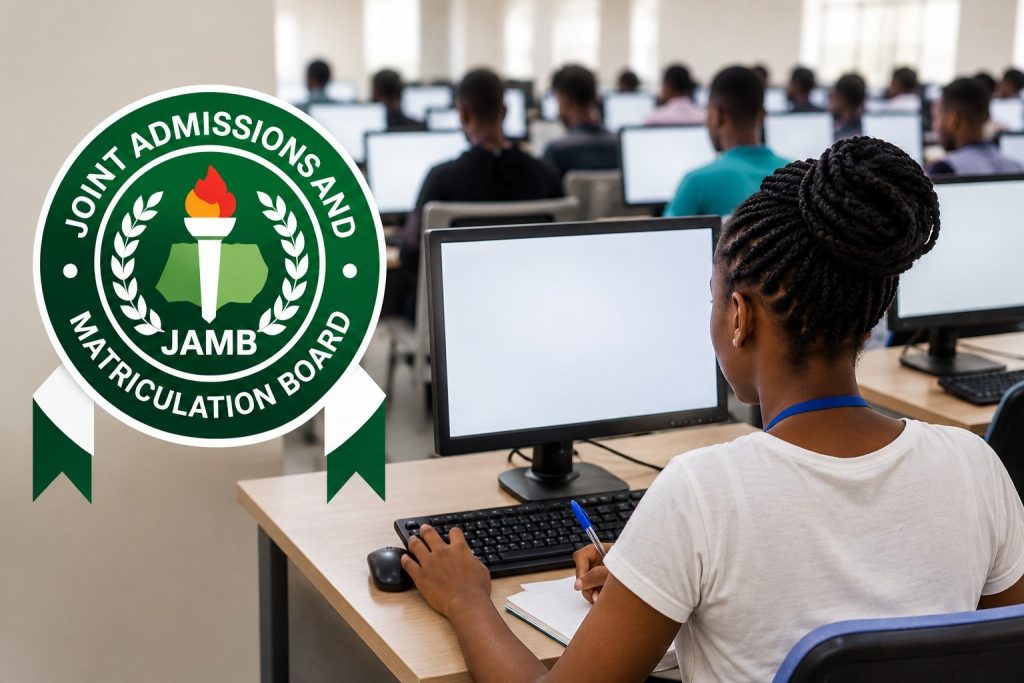 JAMB admission illustration showing a candidate using a computer at a CBT centre alongside the JAMB logo.