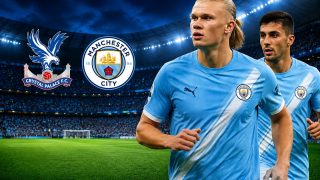 Erling Haaland and a Manchester City teammate pictured alongside Manchester City and Crystal Palace crests ahead of their Premier League clash.