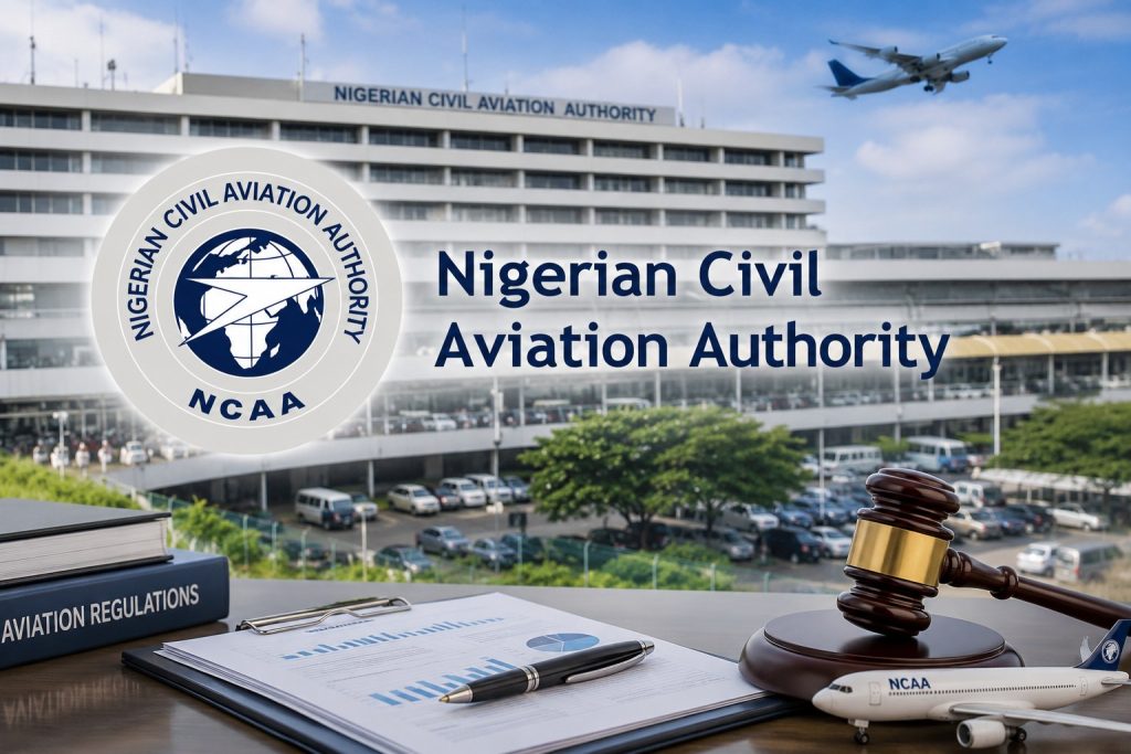Nigerian Civil Aviation Authority (NCAA) illustration showing its logo, aviation regulatory documents, aircraft and gavel against an airport backdrop.