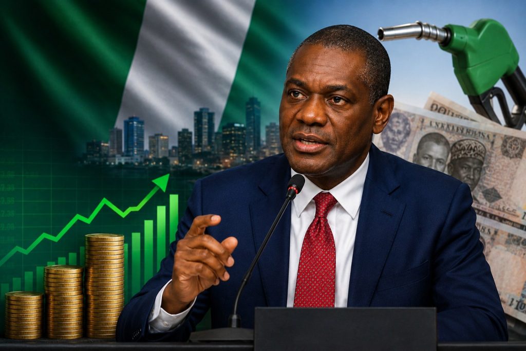 Illustration of Nigeria’s economic reforms featuring the Nigerian flag, naira notes, fuel pump, coins and an upward economic chart.