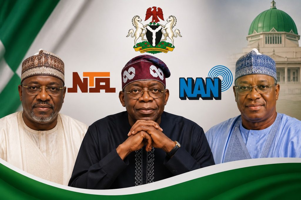 President Bola Tinubu pictured with NTA Director-General Abdulhamid Salihu Dembos and NAN Managing Director Ali Mohammed Ali following the renewal of their appointments for another three years.