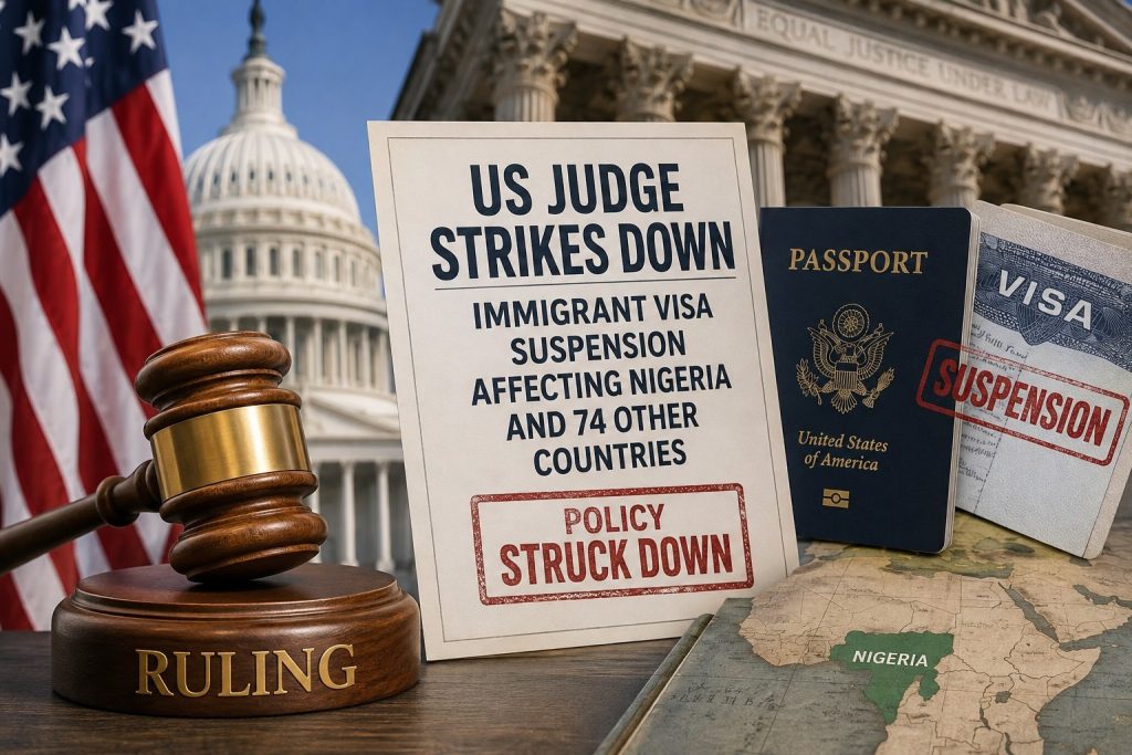US court ruling illustration showing a judge’s gavel, US passport and visa documents, with Nigeria highlighted on a map.