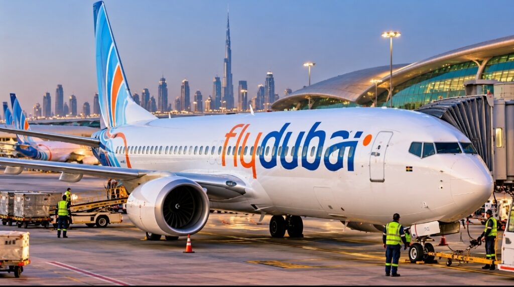 Flydubai passenger aircraft at an airport, illustrating the airline’s Dubai–Tel Aviv flight that was diverted to Saudi Arabia following a cockpit altercation.